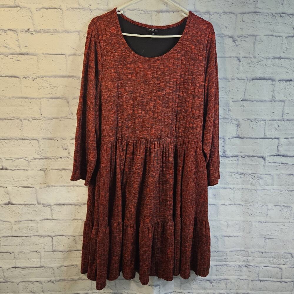 Torrid Dress Womens 3 Red Brushed Rib Tiered Skater Pockets Long Sleeves